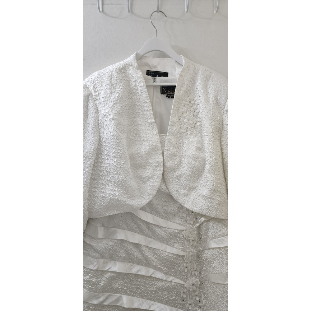 Nina Nischelle White Textured Matelasse Dress and Blazer Set Floral Applique 20 - Picture 4 of 12
